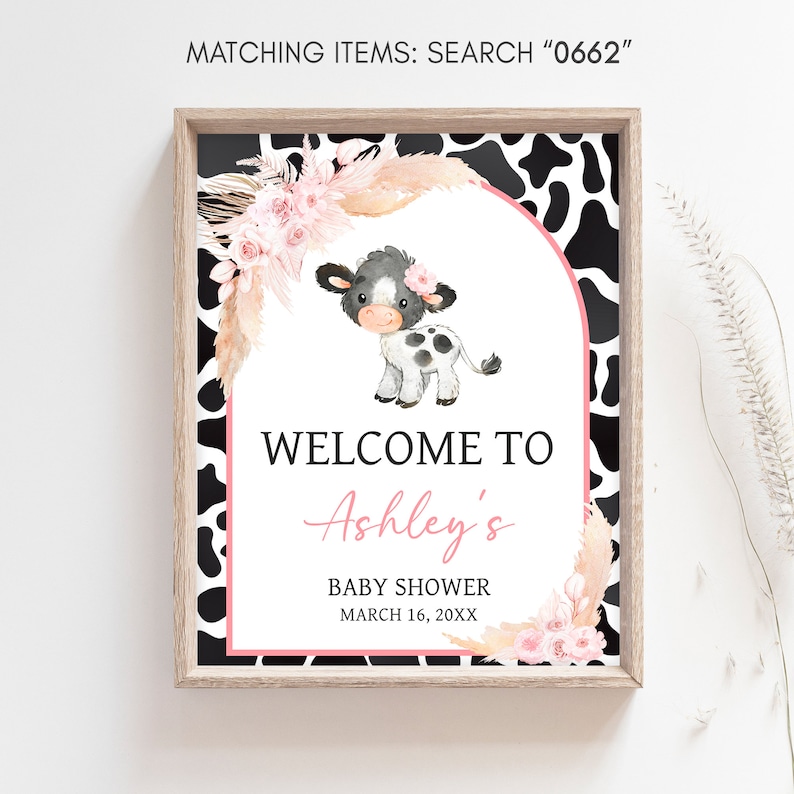 Editable Pink Cow Baby Shower Welcome Sign, Girl Holy Cow Baby Shower Welcome Poster, Boho Floral Highland Cow Farm Baby Shower Sign, 0662 image 3