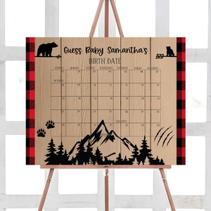 Bearbeitbarer Holzfäller-Babyparty-Fälligkeitskalender, Oh Boy Buffalo-Plaid-Babypartykalender, Wildbär-Geburtstagsvorhersage-Vorlage 0378