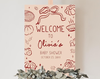 Editable A Little Cutie Pie Baby Shower Welcome Sign, Hand Drawn Autumn Pie Baby Shower Welcome Poster, Fall Bow Pumpkin Baby Shower, 01165