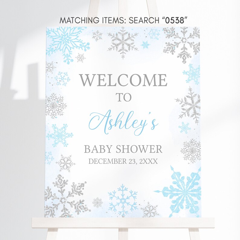 Editable azul un pequeño signo de bienvenida de baby shower de copo de nieve, cartel de bienvenida de baby shower de invierno de copo de nieve azul, baby shower de invierno de niño, 0538 imagen 3