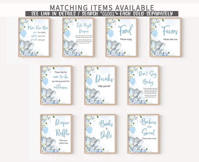 a set of nine blue and white baby shower items