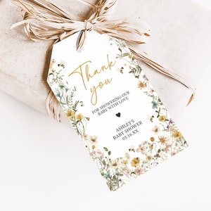 Etichette per bomboniere per baby shower con api modificabili, Etichetta regalo per baby shower neutro da mamma a ape, Etichette per bomboniere di ringraziamento per api di fiori selvatici, 0639 immagine 3
