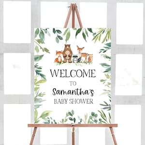 Signo de bienvenida del baby shower del bosque, signo de bienvenida de los animales del bosque verde, decoraciones del baby shower de los animales del bosque salvaje, signo imprimible 0168