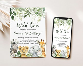 Editable Safari Birthday Invitation, Wild One Birthday Invite, Jungle Animals First Birthday Party, Safari Animals 1st Birthday Invite 179BD