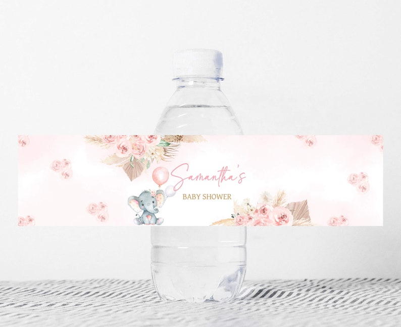 Editable Boho Elephant Baby Shower Bottle Label, Girl Pink Elephant Baby Shower Water Labels, Pink Floral Pampas Grass Bottle Stickers, 0619 image 1
