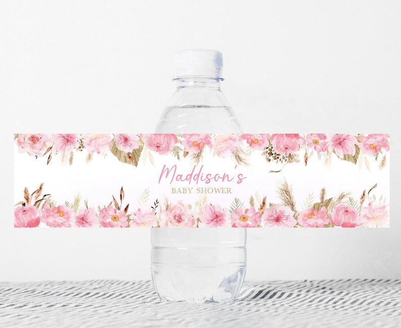 May include: Water bottle label with a pink floral design and the text "Madisson's Baby Shower".