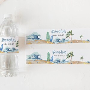 Bewerkbaar baby-on-board-flesetiket babyshower, surfplank strand babyshower waterlabels, surfen zomerjongen waterflesstickers, 0677 afbeelding 3
