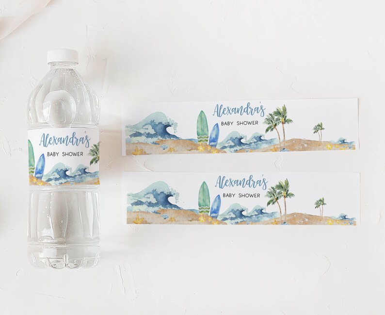 Bewerkbaar baby-on-board-flesetiket babyshower, surfplank strand babyshower waterlabels, surfen zomerjongen waterflesstickers, 0677 afbeelding 3