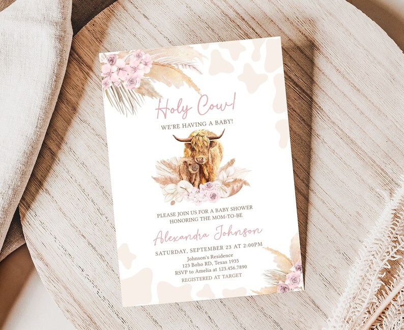 Editable Boho Highland Cow Baby Shower Invitation Bundle, Pink Holy Cow Baby Shower Invite Set, Girl Highland Cow Boho Baby Shower, 0509 image 3