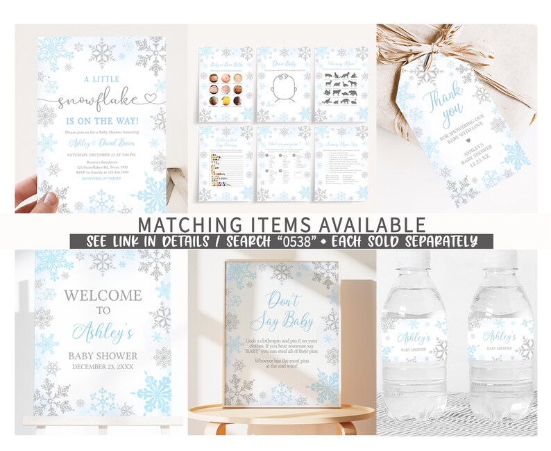 Puede incluir: Decoraciones para baby shower con dise&ntilde;o de copos de nieve en azul claro, plateado y blanco. El conjunto incluye invitaciones, juegos, un letrero de bienvenida, etiquetas de regalo y etiquetas para botellas de agua. El texto incluye "A Little Snowflake is on the Way!" y "Ashley's Baby Shower".