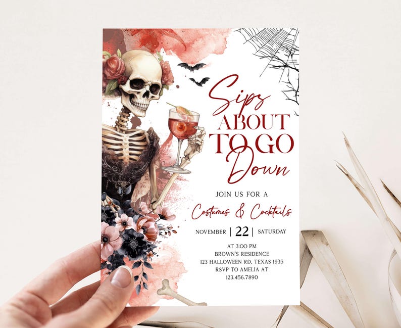 The image is a Halloween-themed invitation featuring a skeleton holding a drink and surrounded by flowers and a spider web.
