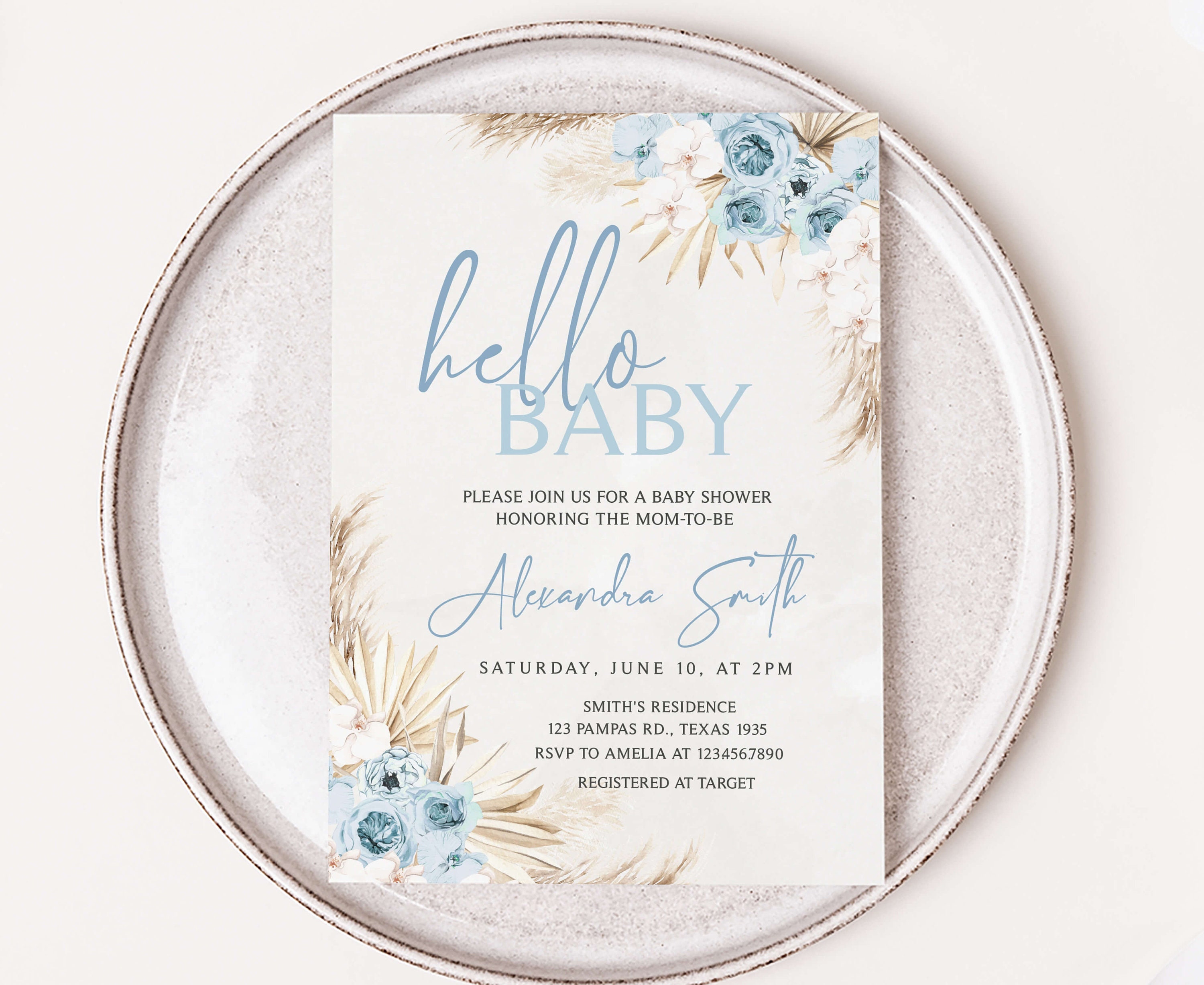 Editable Blue Floral Boho Baby Shower Invitation, Boy Pampas Grass Baby ...