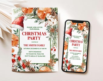 May include: A Christmas party invitation and a smartphone displaying the same design. The invitation features a red Santa hat, orange slices, and greenery. The text reads "Christmas Party" hosted by The Smith Family.