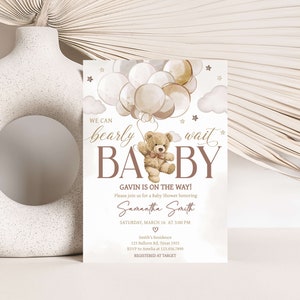 Editable Gender Neutral Bear Baby Shower Invitation Bundle, We Can Bearly Wait Baby Shower Invite Set, Boho Bear Balloon Baby Shower, 0606 image 3