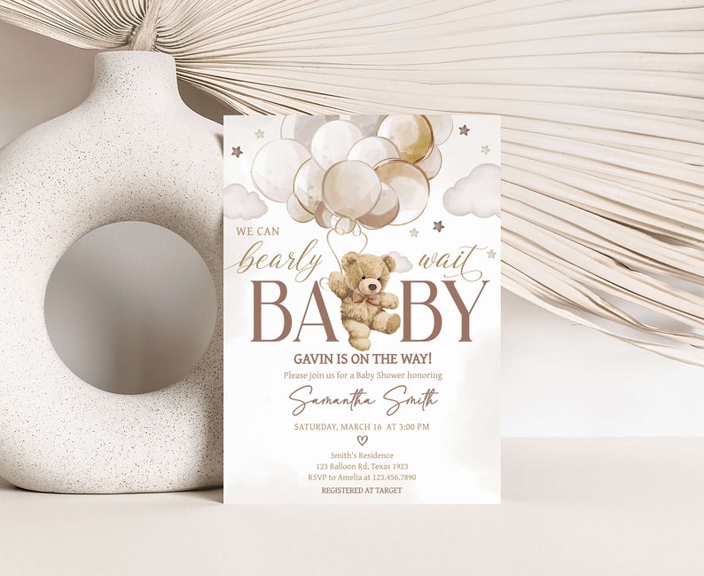 Editable Gender Neutral Bear Baby Shower Invitation Bundle, We Can Bearly Wait Baby Shower Invite Set, Boho Bear Balloon Baby Shower, 0606 image 3