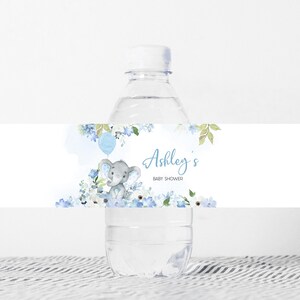 Bewerkbaar fleslabel blauwe olifant babyshower, kleine pindajongen waterlabel babyshower, blauwe bloemen olifant waterflesstickers 01001
