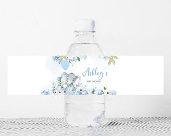 Editable Blue Elephant Baby Shower Bottle Label, Little Peanut Boy Baby Shower Water Label, Blue Floral Elephant Water Bottle Stickers 01001