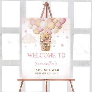 Bearbeitbares Mädchen-Rosa Bär-Babyparty-Willkommensschild Wir können Bären-Babyparty-Willkommens-Poster-Teddybär-Ballon-Willkommensschild-Vorlage 0417 warten