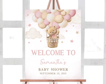 Editable Girl Pink Bear Baby Shower Welcome Sign We Can Bearly Wait Baby Shower Welcome Poster Teddy Bear Balloon Welcome Sign Template 0417