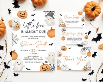Editable A Little Boo is almost due Baby Shower Invitation Bundle, Halloween Cute Ghost Baby Shower Invite, Spooky Pumpkin Fall Invite 01154