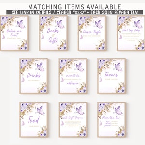 May include: Set of ten printable signs for a baby shower with a purple butterfly and floral theme. The signs include "Babies are Sweet", "Books & Gifts", "Diaper Raffle", "Don't Say Baby", "Drinks", "Mom-to-be Addressee", "Food", "Late Night Diapers", "Favors", and "Mom-osa Bar".