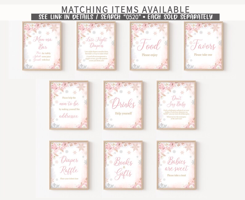 May include: A collection of framed signs with floral and snowflake designs. The signs have text such as "Mom-osa Bar", "Late Night Diapers", "Food", "Favors", "Drinks", "Diaper Raffle", "Books & Gifts", and "Babies are sweet".