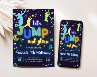 Invitación de cumpleaños editable "Let's Jump", invitación para fiesta de trampolín neón, invitación para fiesta de salto con brillo neón para niño, invitación de cumpleaños de trampolín, 93BD