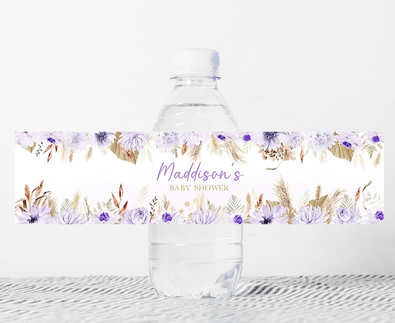 May include: Water bottle label with a floral design in shades of purple, brown, and white. The label says "Maddison's Baby Shower".