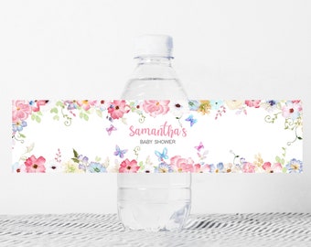 Editable Butterfly Baby Shower Bottle Label, Spring Floral Butterfly Shower Water Bottle Label, Pastel Butterfly Baby in Bloom Template 0229