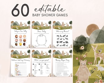 Paquete editable de juegos de baby shower de Woodland Mountain, paquete de juegos de baby shower de animales de Boho Woodland, juegos de baby shower de género neutro, 0798