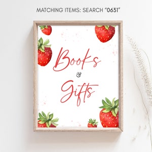Cadeaux et livres pour baby shower aux fraises, signe de cadeaux de baby shower minimaliste rouge fraise, signe de décoration de Table de baby shower doux baies 0631