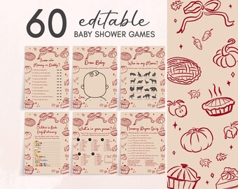 Editable A Little Cutie Pie Baby Shower Games Bundle, Hand Drawn Autumn Pie Baby Shower Game Pack, Fall Bow Pumpkin Baby Shower Games, 01165