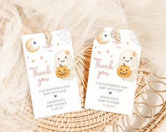 Editable Pink Our Little Boo Baby Shower Favor Tag, Girl Ghost Halloween Baby Shower Gift Tag, Spooky Ghost Baby Shower Thank you Tag, 01153