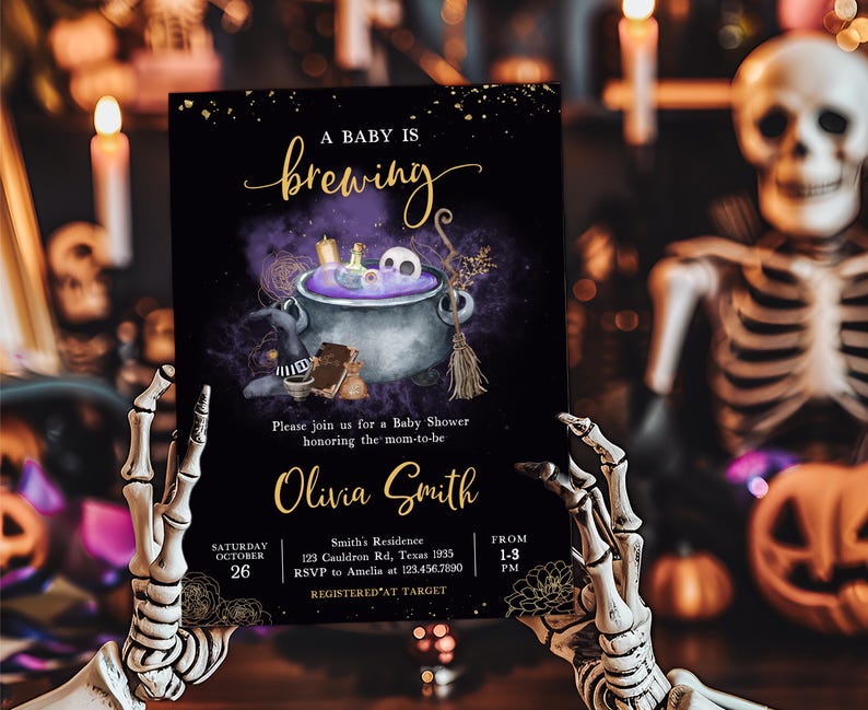 Gold Gothic Baby is Brewing Invitation