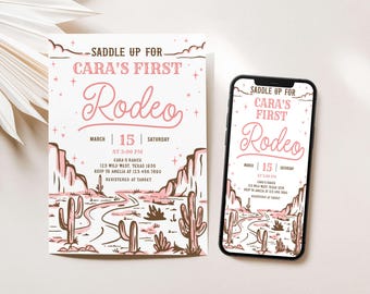 Redigerbar första Rodeo-födelsedagsinbjudan, rosa cowgirl-födelsedagsinbjudan, Vilda västern-fest-födelsedagsinbjudan, westernflicka-födelsedagsfest, 53BD