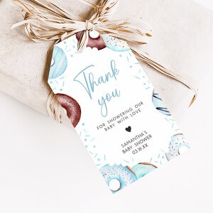Editable Blue Donuts and Diapers Baby Shower Favor Tags, Boy Donuts Baby Shower Gift Tag, Blue Sweet Sprinkle Baby Shower Thank You Tag 0652 image 3