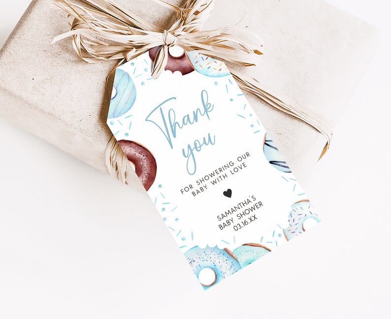 Editable Blue Donuts and Diapers Baby Shower Favor Tags, Boy Donuts Baby Shower Gift Tag, Blue Sweet Sprinkle Baby Shower Thank You Tag 0652 image 3