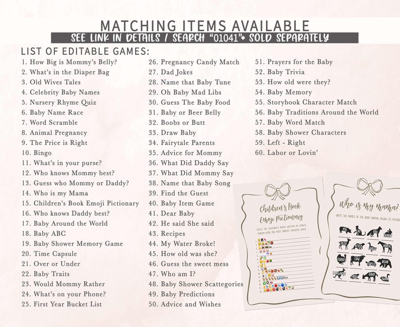 a list of matching items available for a baby shower