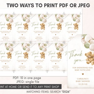 Editable Gender Neutral Bear Baby Shower Favor Tags, We Can Bearly Wait Baby Shower Gift Tag, Green Balloon Bear Shower Thank You Tags, 0526 image 4