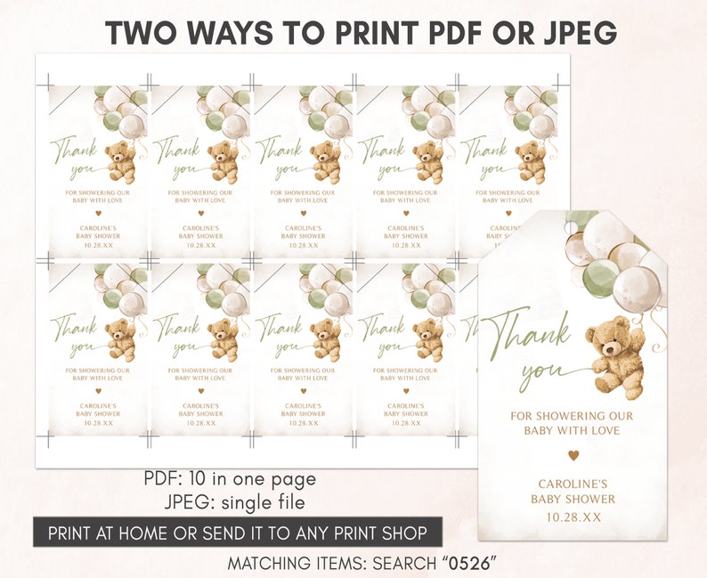 Editable Gender Neutral Bear Baby Shower Favor Tags, We Can Bearly Wait Baby Shower Gift Tag, Green Balloon Bear Shower Thank You Tags, 0526 image 4