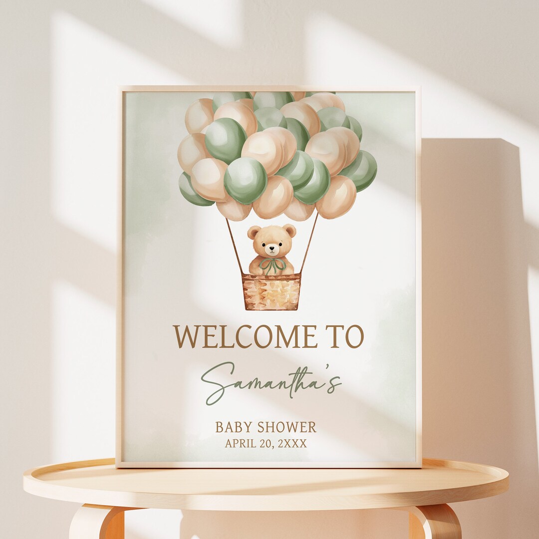 Editable Hot Air Balloon Bear Baby Shower Welcome Sign, Gender Neutral ...