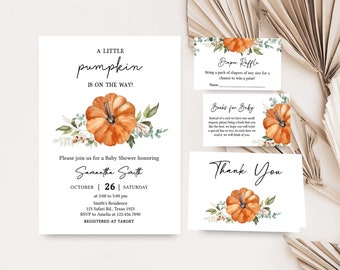 May include: A set of baby shower stationery with a pumpkin theme. The invitation reads "A Little Pumpkin is on the Way!" and includes details for the event. Additional cards include "Diaper Raffle," "Books for Baby," and a "Thank You" card.