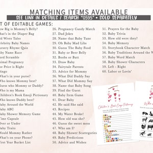 May include: A set of printable baby shower games with pink and white hearts. The games include "Children's Book Emoji Pictionary", "Who is my mama?" and "Baby Shower Characters".