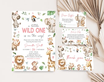Bewerkbare meisje safari babyshower uitnodigingsbundel, A Little Wild One jungle babyshower uitnodigingsset, bloemen safari dieren babyshower, 0834