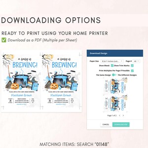 The image is a screenshot of a website that offers printing options for home printers. It displays two images of a baby shower invitation, along with a page that allows the user to customize the design and print multiple copies of the invitation.