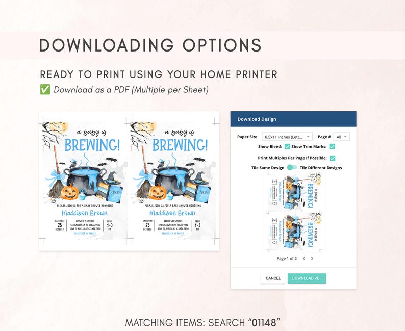 The image is a screenshot of a website that offers printing options for home printers. It displays two images of a baby shower invitation, along with a page that allows the user to customize the design and print multiple copies of the invitation.