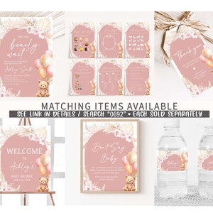 Editable Pink Bear Balloon Baby Shower Bottle Label, Girl Boho Bear Baby Shower Water Labels, We Can Bearly Wait Water Bottle Stickers, 0692 image 2
