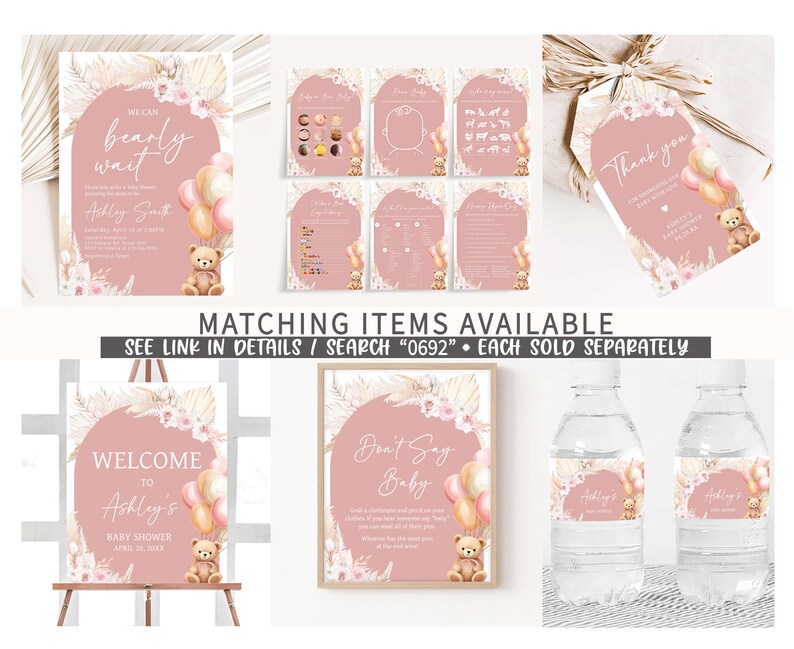 Editable Pink Bear Balloon Baby Shower Bottle Label, Girl Boho Bear Baby Shower Water Labels, We Can Bearly Wait Water Bottle Stickers, 0692 image 2