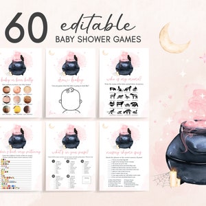 編集可能な「A Baby is Brewing」ハロウィンベビーシャワーゲームバンドル、女の子向けハロウィンベビーシャワーゲームパック、ピンクウィッチベビーシャワーゲームセット 0463