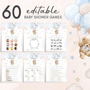 Editable Boy Bear Balloon Baby Shower Games Bundle, We Can Bearly Wait Baby Shower Game Pack, Blue Boho Bear Baby Shower Game Template, 0623 image 1